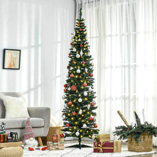 7' Pre Lit Artificial Pencil Christmas Tree, Warm White LED Lights, Green