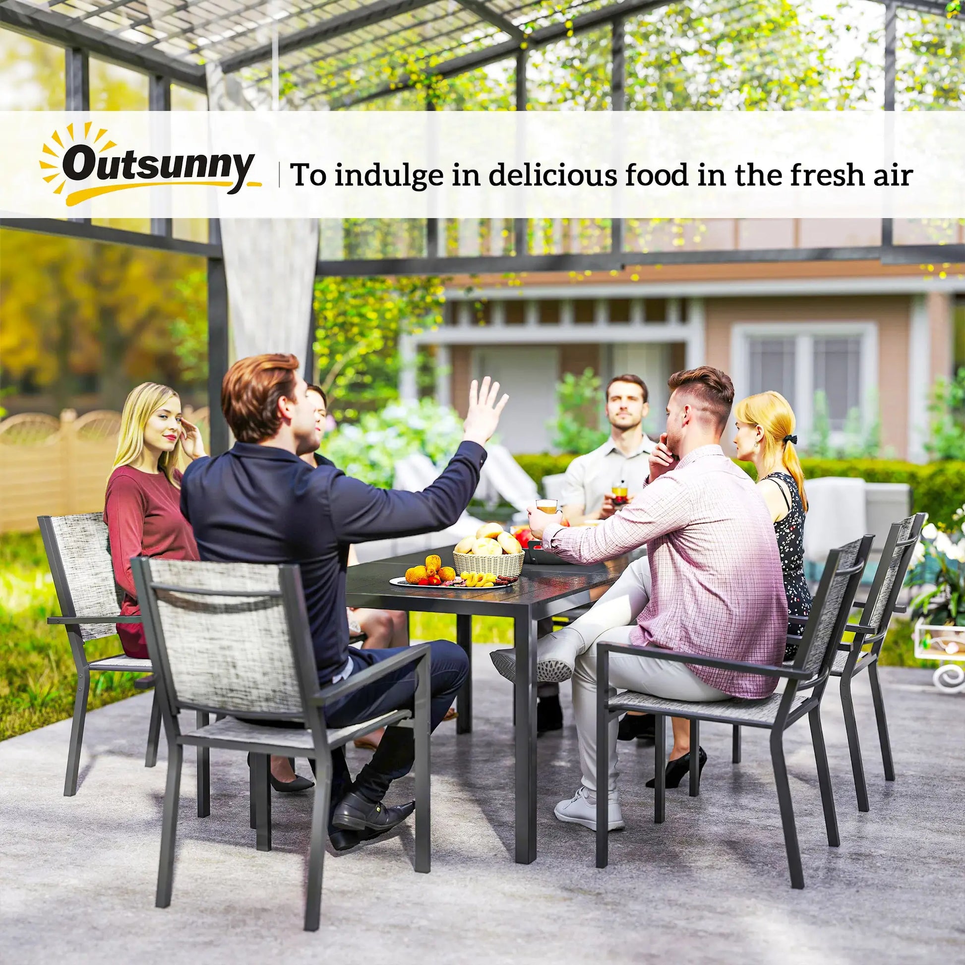 7-Piece Outdoor Dining Set, 6 Stackable Chairs, Rectangle Table, WPC Slatted Top Outdoor Dining Sets at Gallery Canada