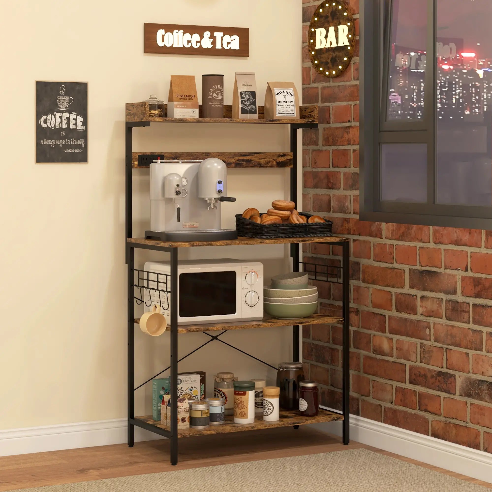 Kitchen Baker's Rack with Power Outlet, Coffee Bar Station with Adjustable Shelves and Hooks, Rustic Brown Bar Cabinets at Gallery Canada