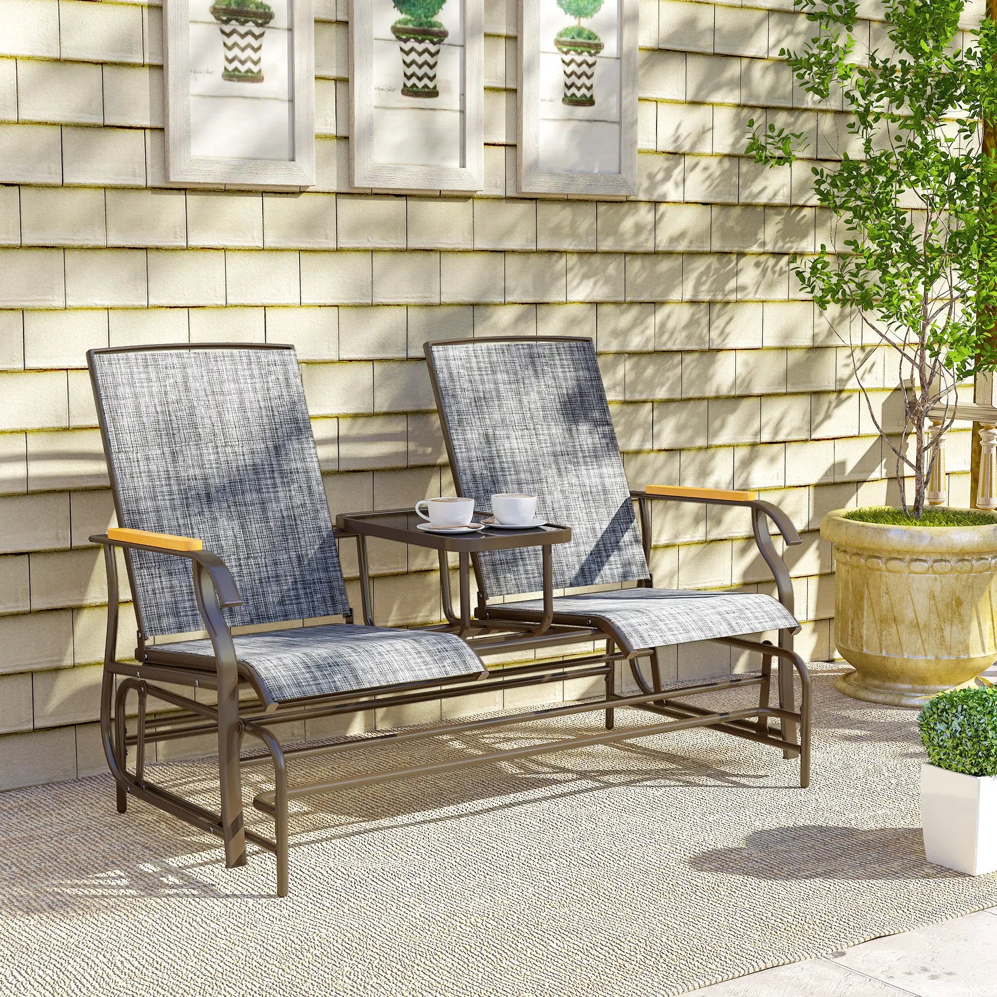 2-Person Outdoor Glider Bench, Swing Chair with Mesh, Table, Steel Frame Outdoor Gliders at Gallery Canada