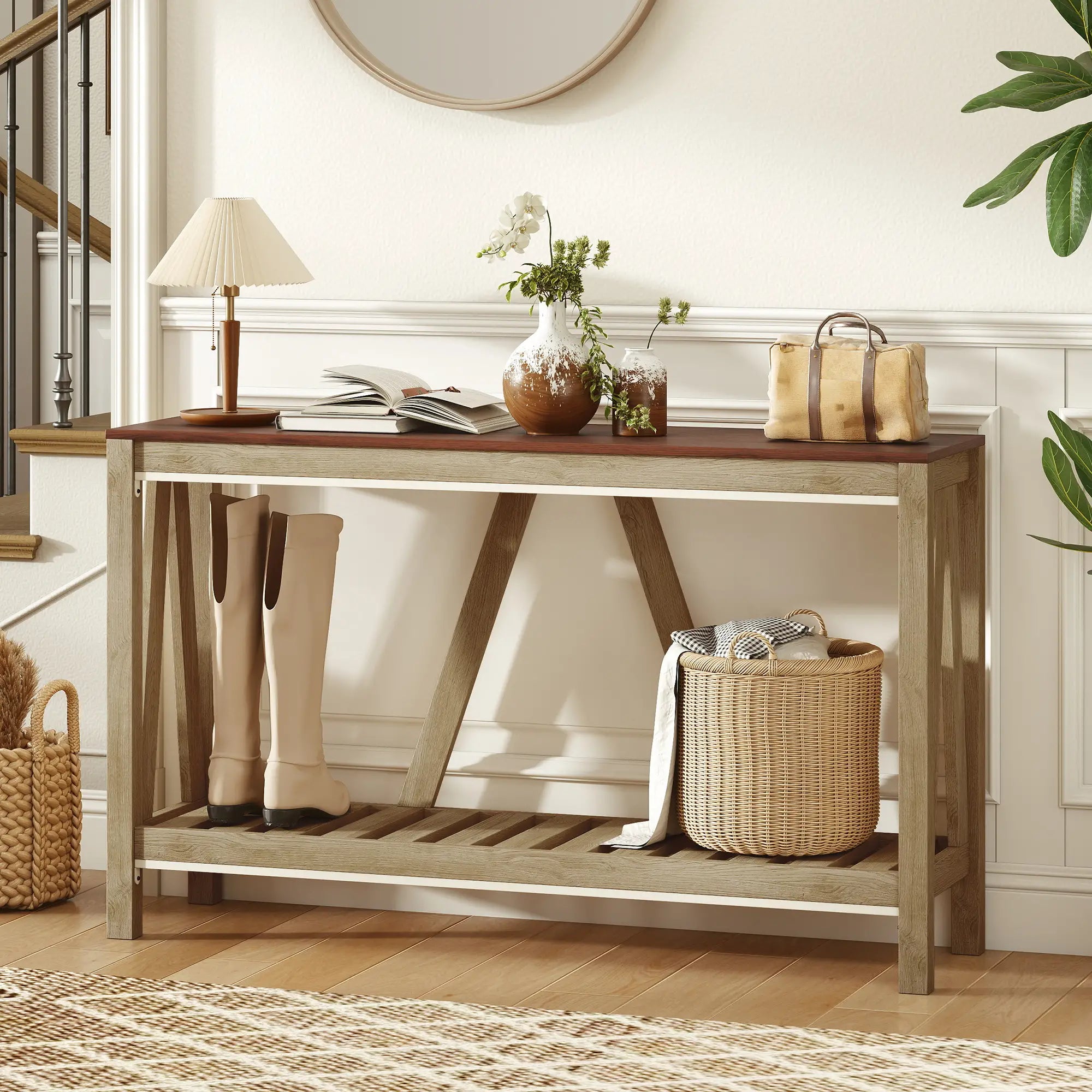 Farmhouse Console Table with Storage Shelf, Rustic Sofa Table, Oak Console Tables at Gallery Canada