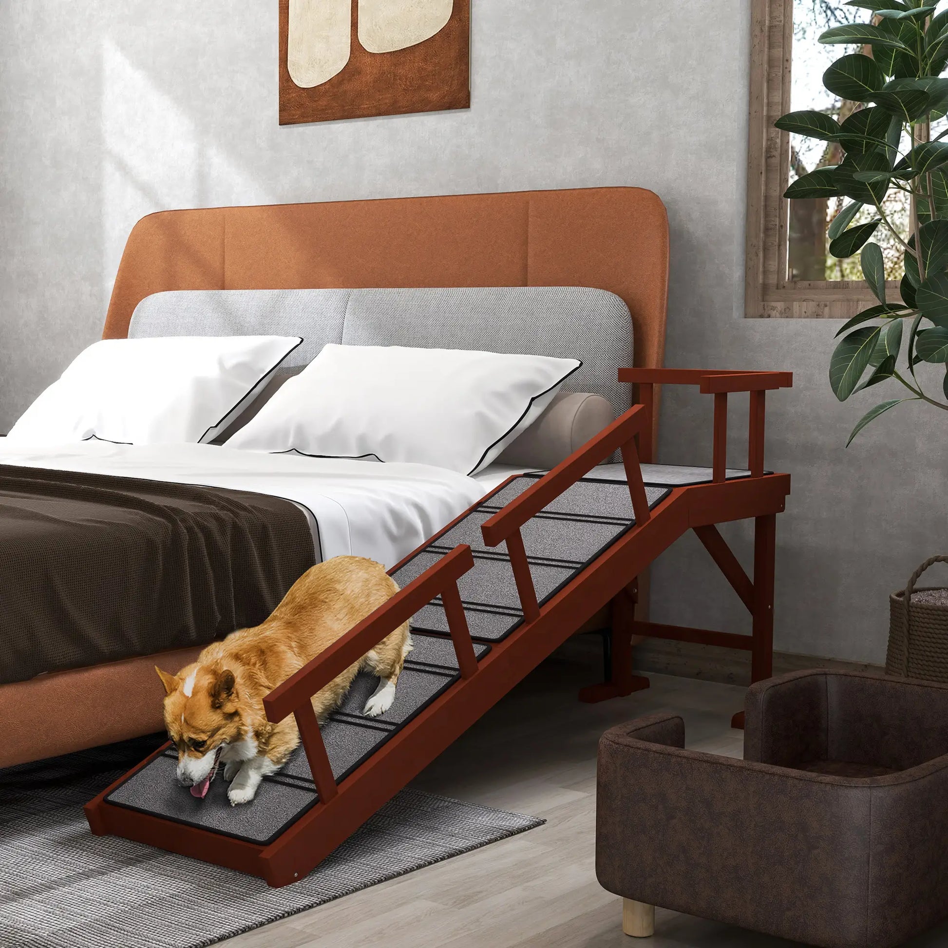 Wooden Dog Ramp, 60" Long, Non-Slip Rug, Removable Guardrails, Brown Dog Stairs at Gallery Canada