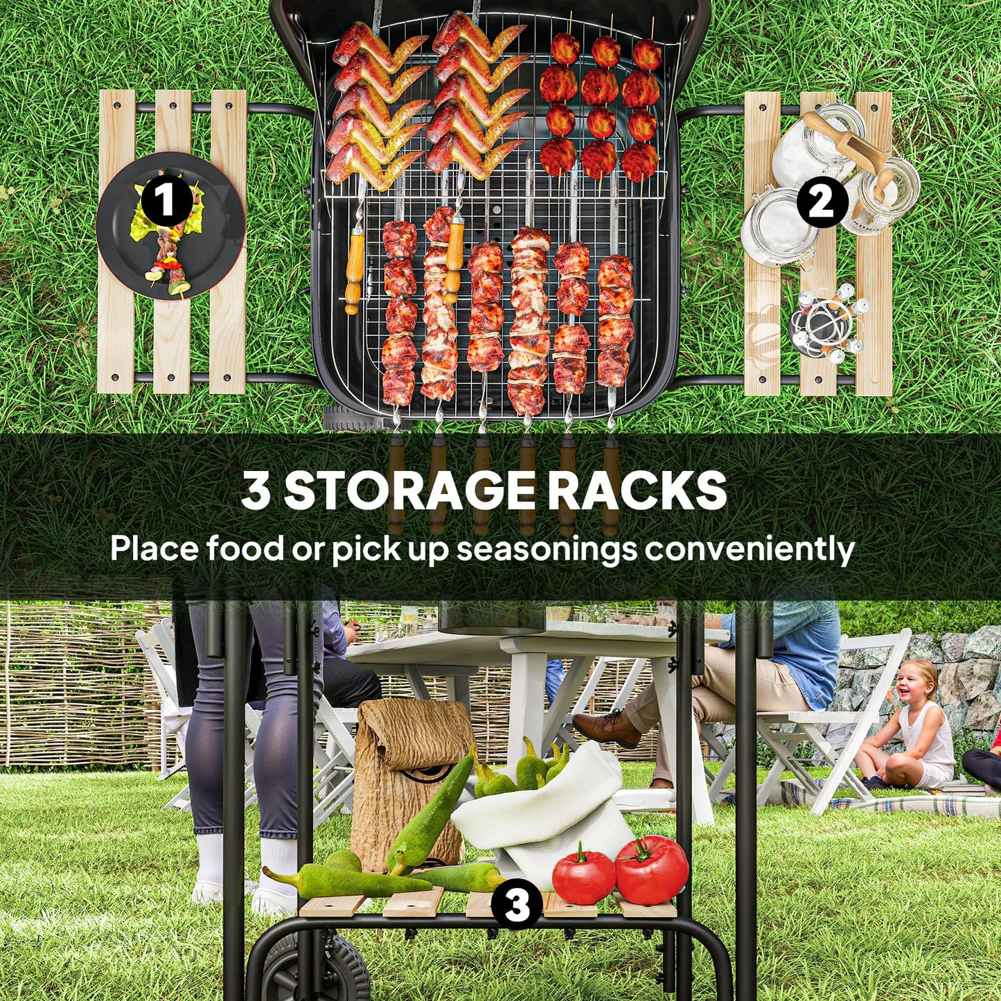 Charcoal BBQ Grill, 1840 cm² Cooking Area, 3 Shelves, Adjustable Vent, Black Charcoal BBQ Grils at Gallery Canada