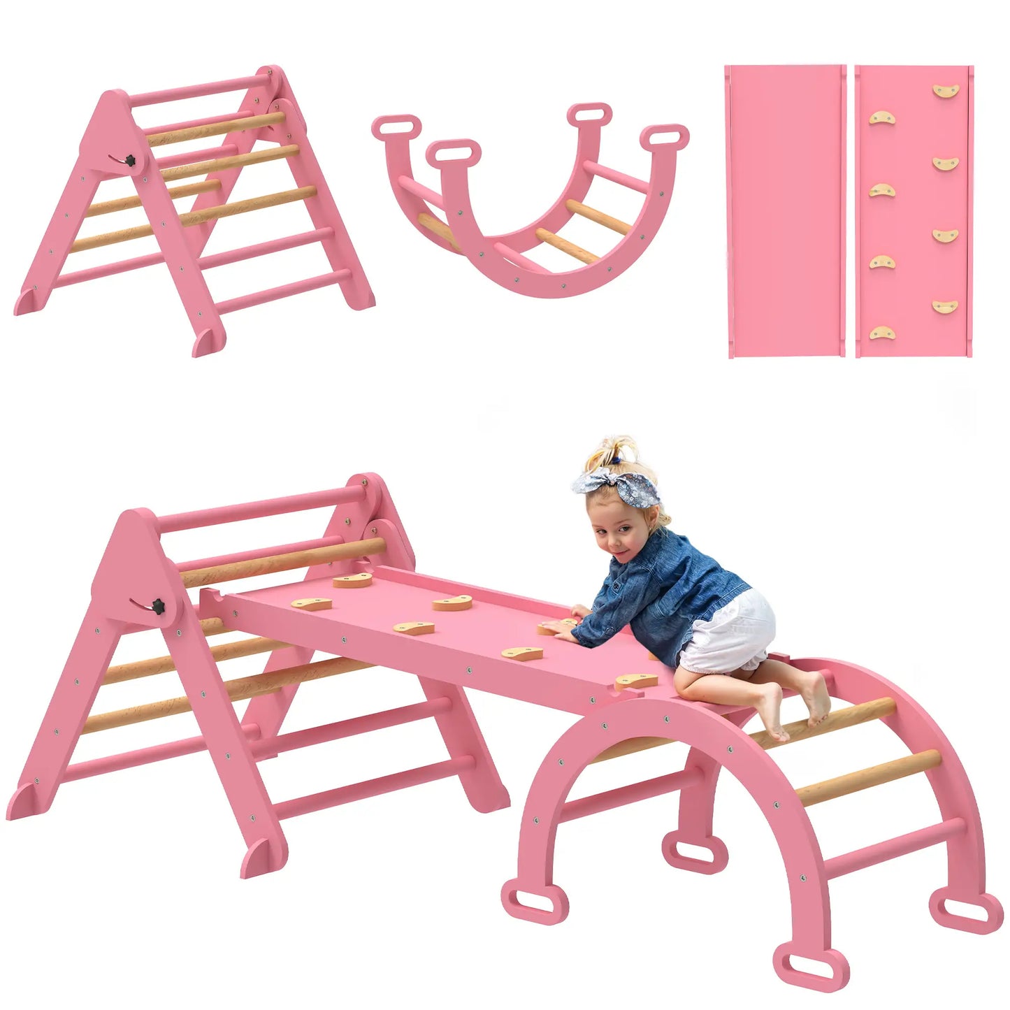 7-in-1 Pikler Triangle Set, Foldable Wooden Climbing Toys, Pink Kids Gym & Playmats at Gallery Canada