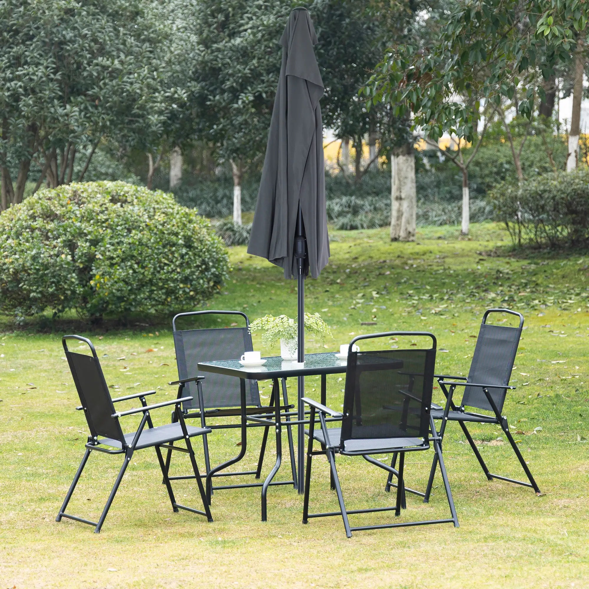 5-Piece Patio Dining Set, 4 Folding Chairs, Glass Tabletop, Black Outdoor Dining Sets at Gallery Canada
