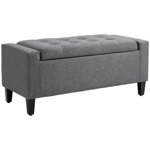Storage Ottoman Bench, Tufted Linen Fabric, Flipping Top, Grey