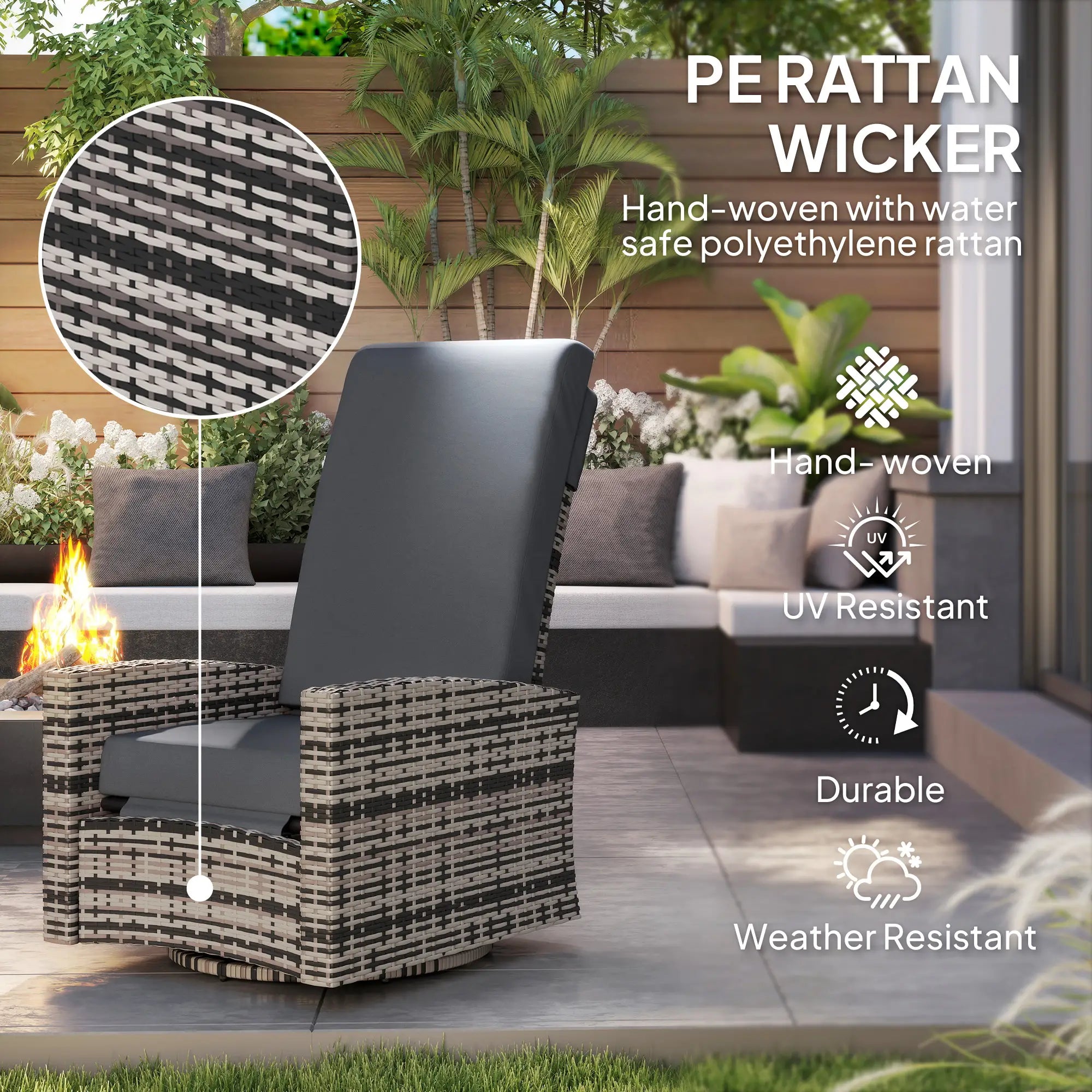 Outdoor Rattan Wicker Lounge Chair with Footrest, Soft Cushion, Grey Patio Chairs at Gallery Canada