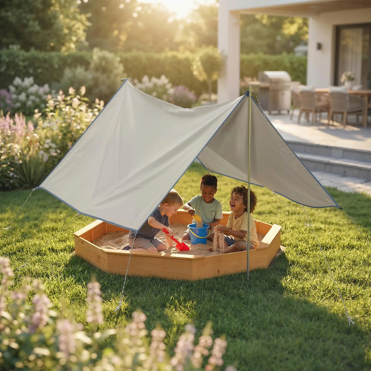 Wooden Kids Sandbox With Large Canopy, 4 Bench Seats, Bottom Liner, Yellow Sandboxes & Accessories at Gallery Canada