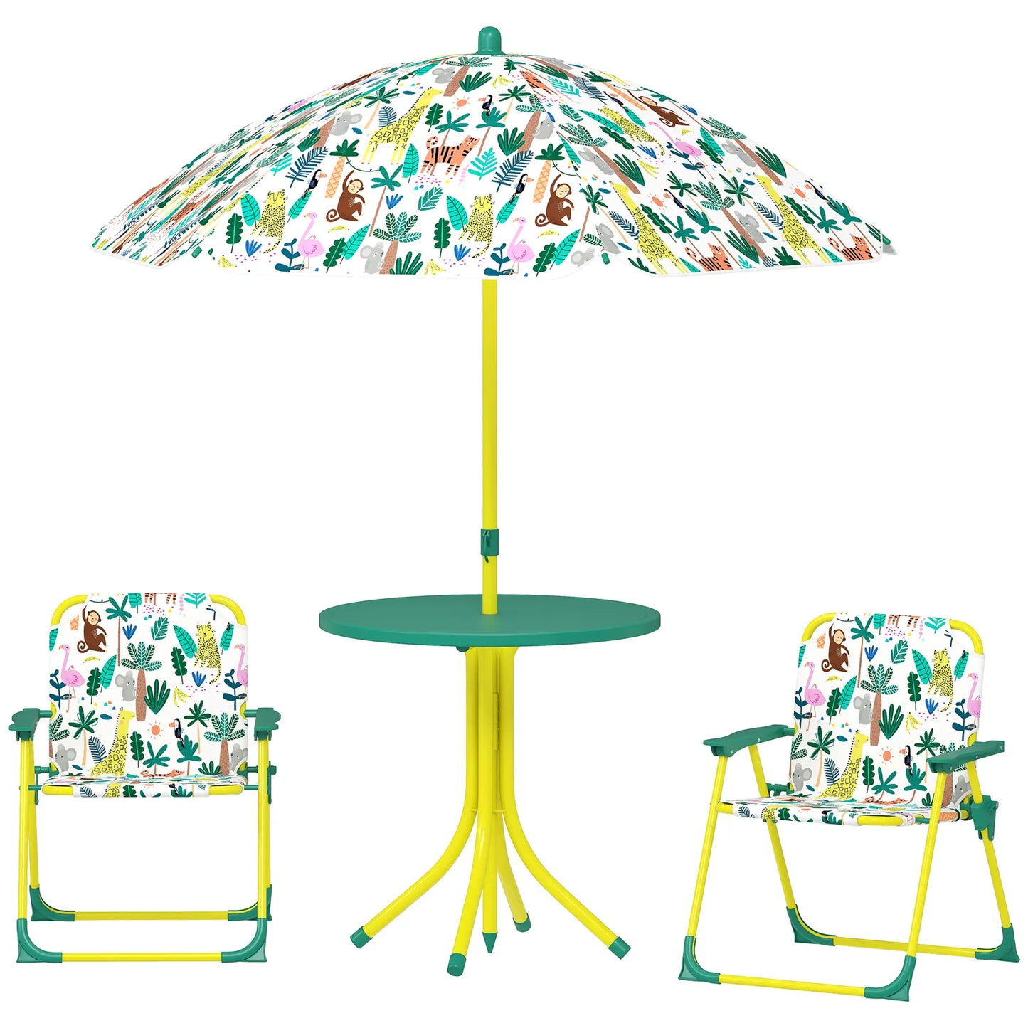 Kids Picnic Table Set, 2 Folding Chairs, Umbrella, Green Kids Outdoor Furniture Green, Yellow, White at Gallery Canada
