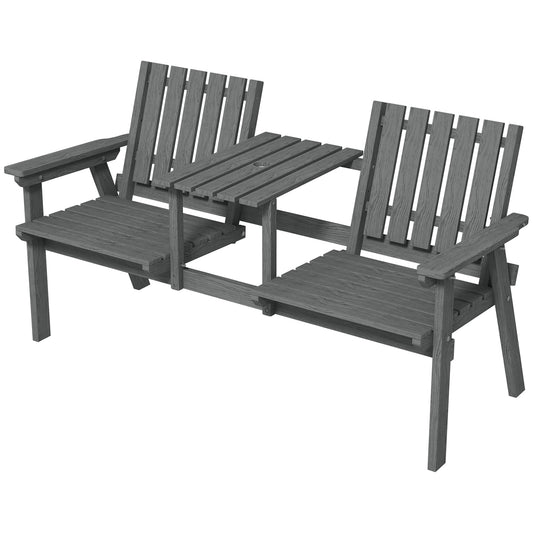 Garden Bench for 2 Persons with Middle Table and Umbrella Hole, 2-Seater Outdoor Wooden Bench with Slat Design, Grey - Gallery Canada