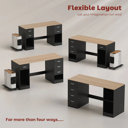 55 Inch Office Desk, Black Wood Grain, 4 Reversible Drawers, Mobile PC Stand, Black Computer Desks at Gallery Canada