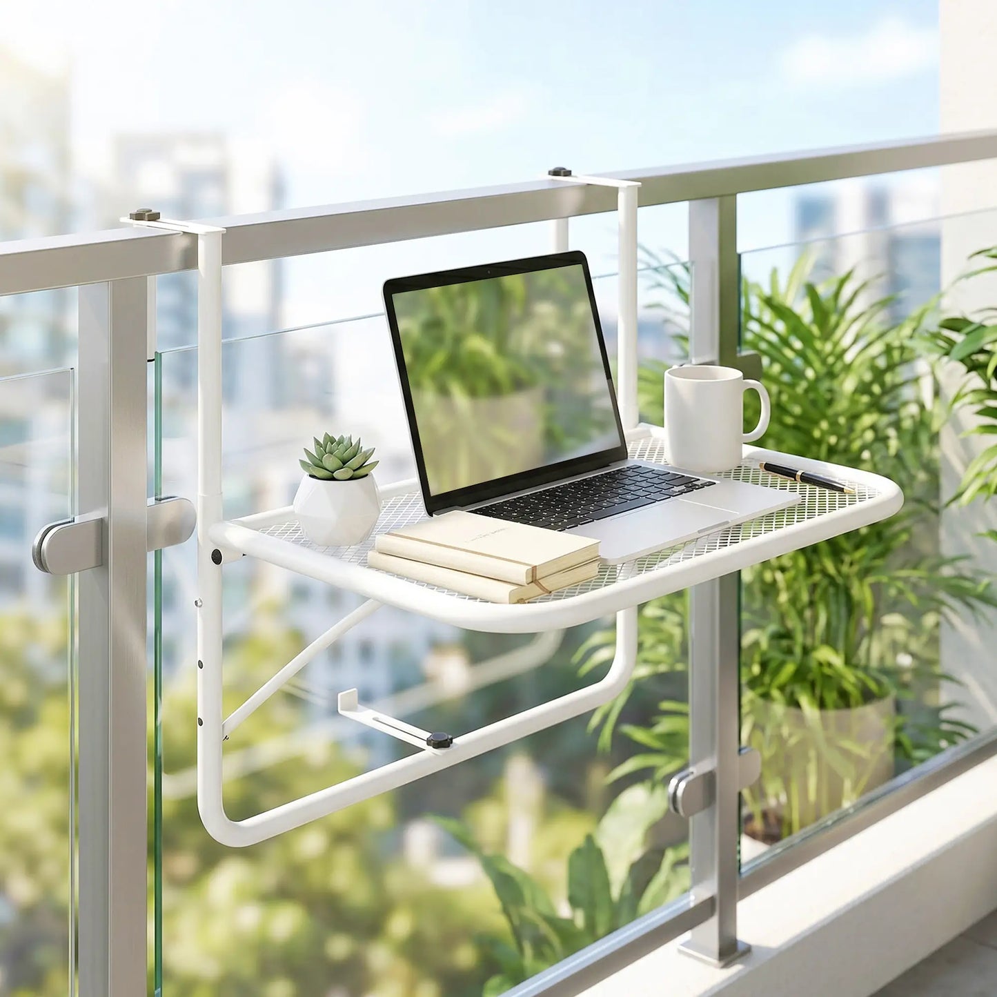 Adjustable Balcony Hanging Table, Metal Wall Desk, Outdoor Flower Stand, White Balcony Table Hanging at Gallery Canada