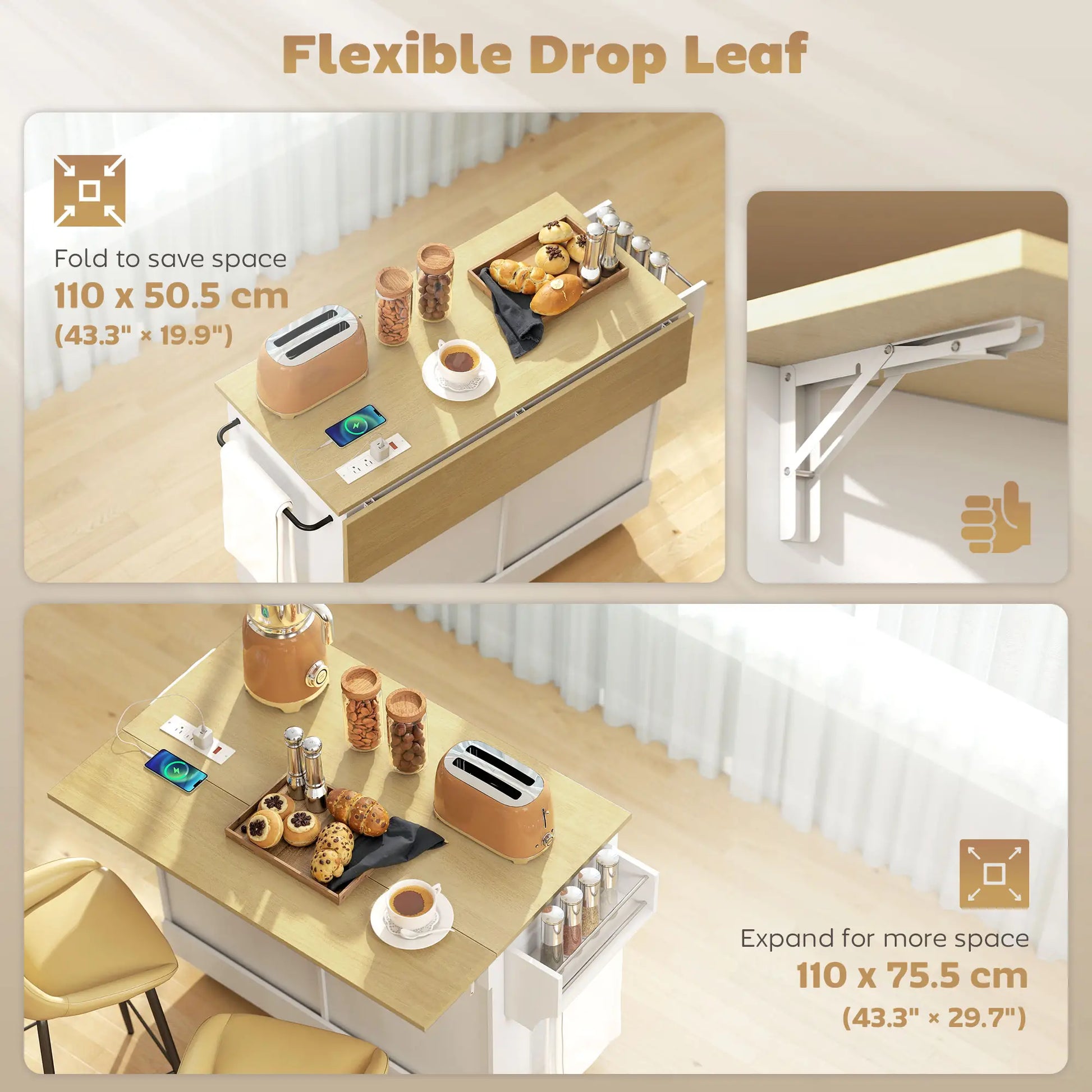 Kitchen Island Cart with Charging Station, Drop Leaf, Trash Can Cabinet, White Kitchen Islands & Kitchen Carts at Gallery Canada