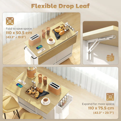 Kitchen Island Cart with Charging Station, Drop Leaf, Trash Can Cabinet, White Kitchen Islands & Kitchen Carts at Gallery Canada