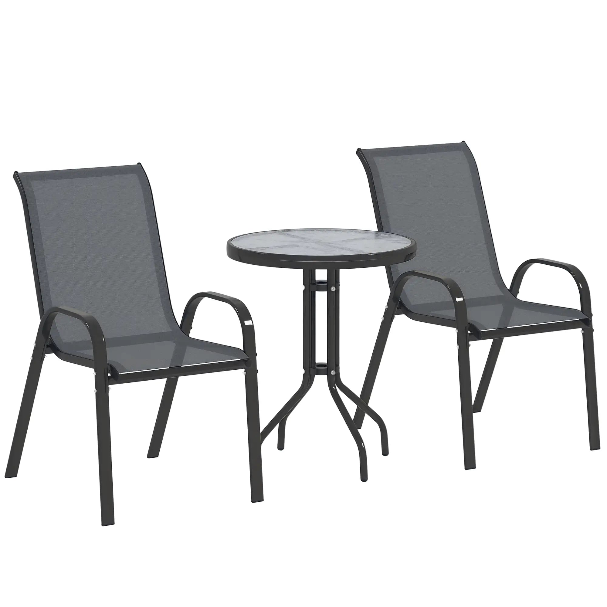3 Piece Bistro Set, Stackable Mesh Chairs, Glass Table, Dark Grey Bistro Sets at Gallery Canada
