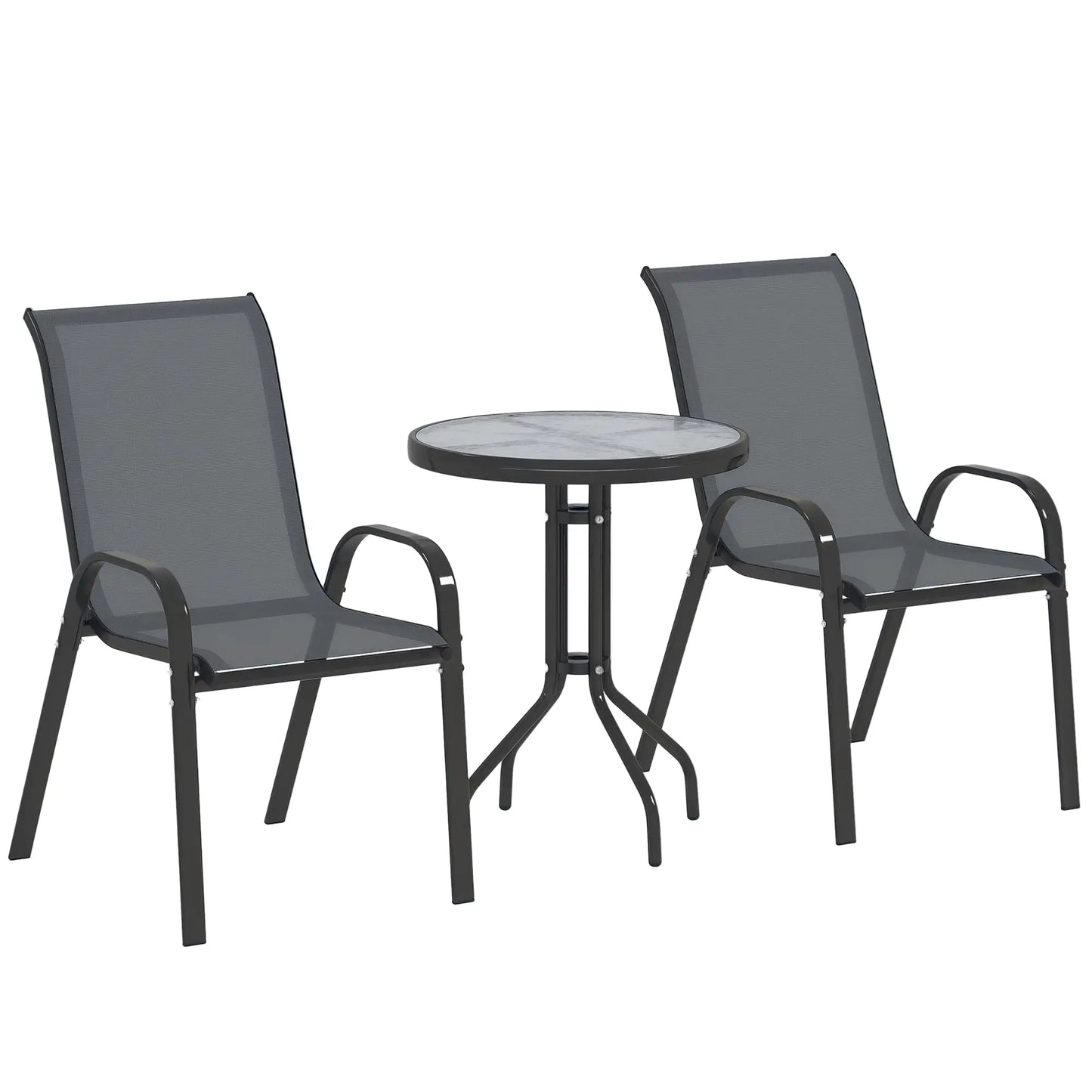 3 Piece Bistro Set, Stackable Mesh Chairs, Glass Table, Dark Grey Bistro Sets at Gallery Canada
