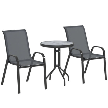 3 Piece Bistro Set, Stackable Mesh Chairs, Glass Table, Dark Grey Bistro Sets at Gallery Canada