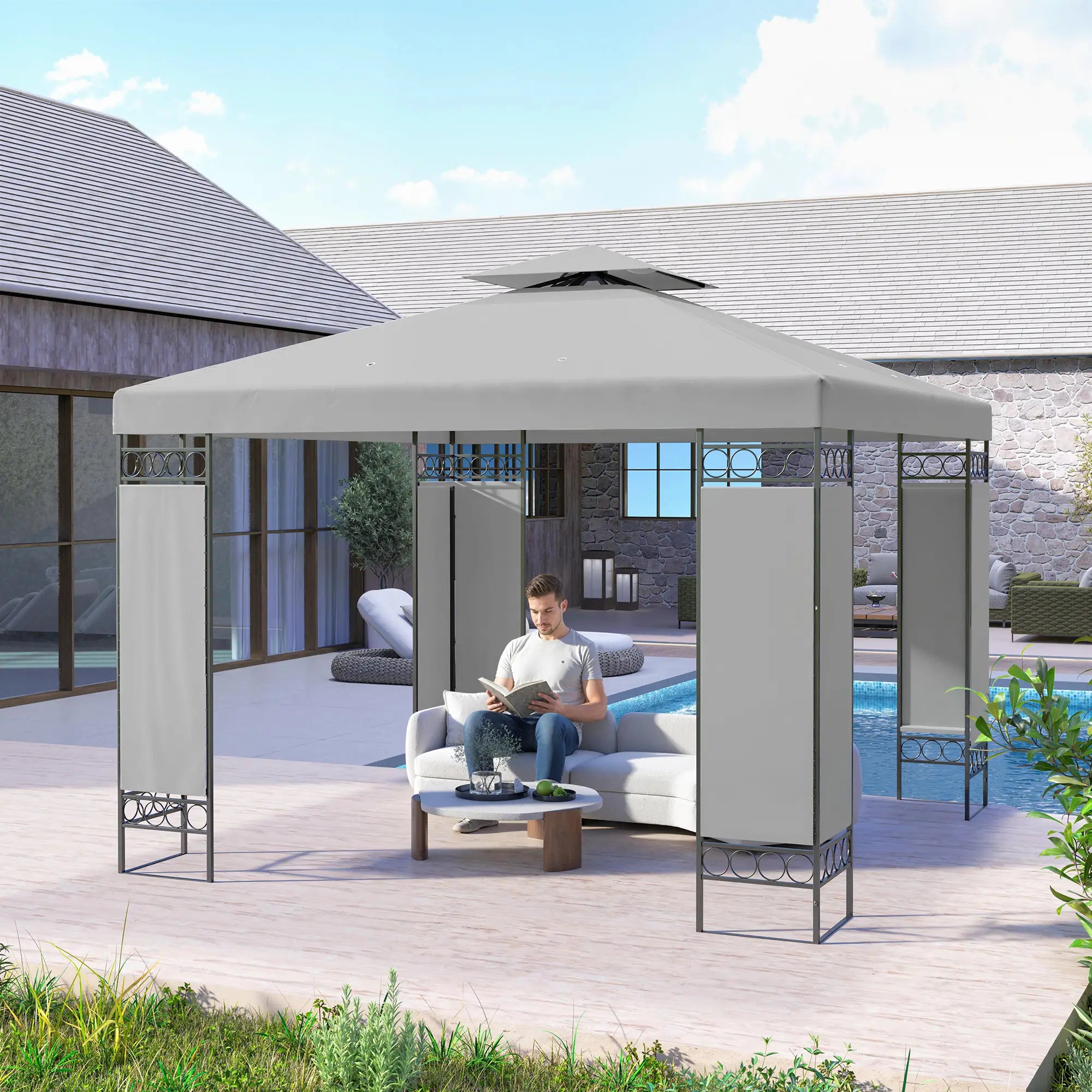 10x10 FT Canopy Gazebo, Double Roof With Screen Panels, Light Grey Gazebos at Gallery Canada