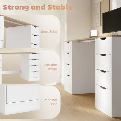 Desk With 8 Drawers, 55.1"W, White, Modern Computer Desk, White