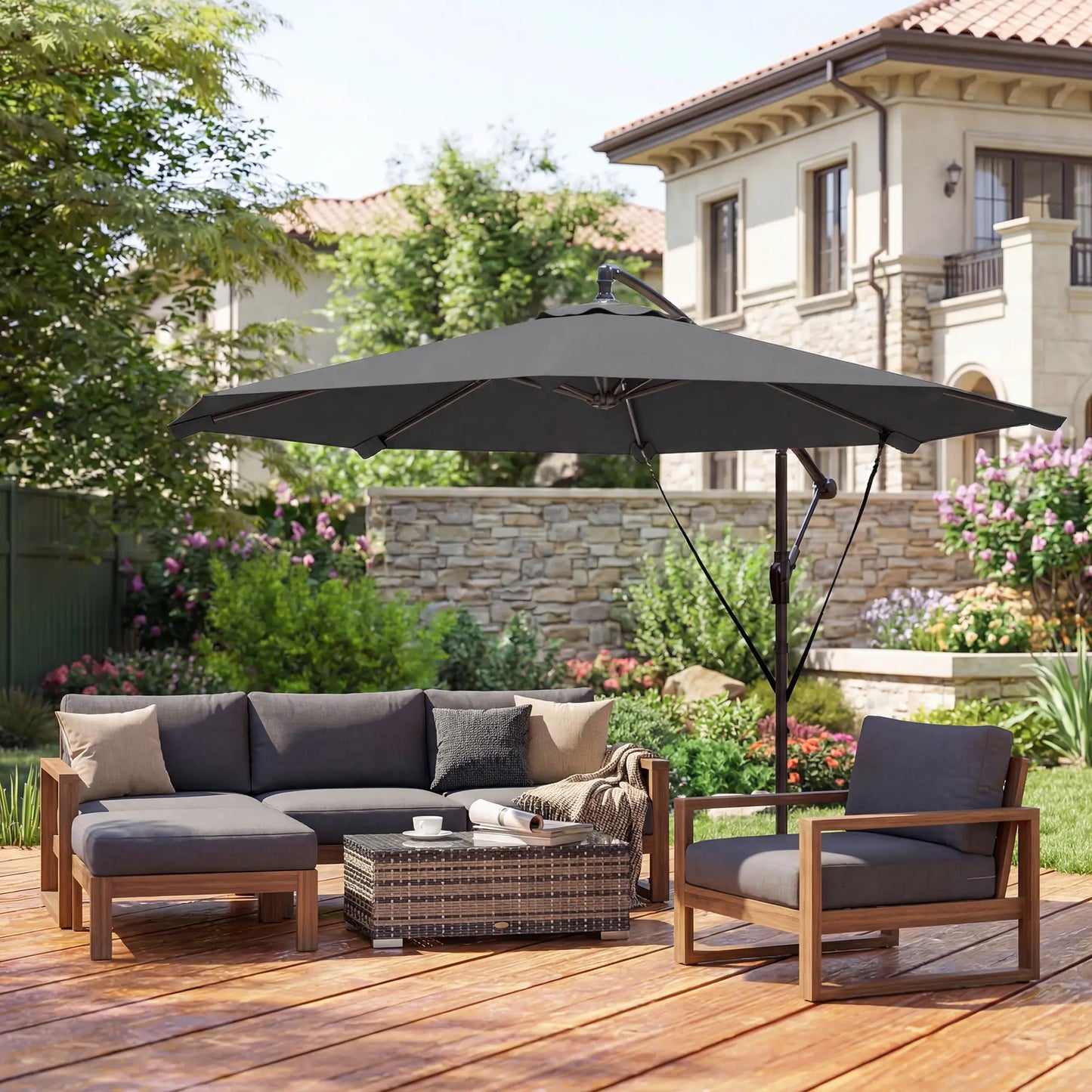10FT Cantilever Patio Umbrella, 8 Ribs, Cover, Wind Ropes, Dark Grey Offset Cantilever Umbrellas at Gallery Canada