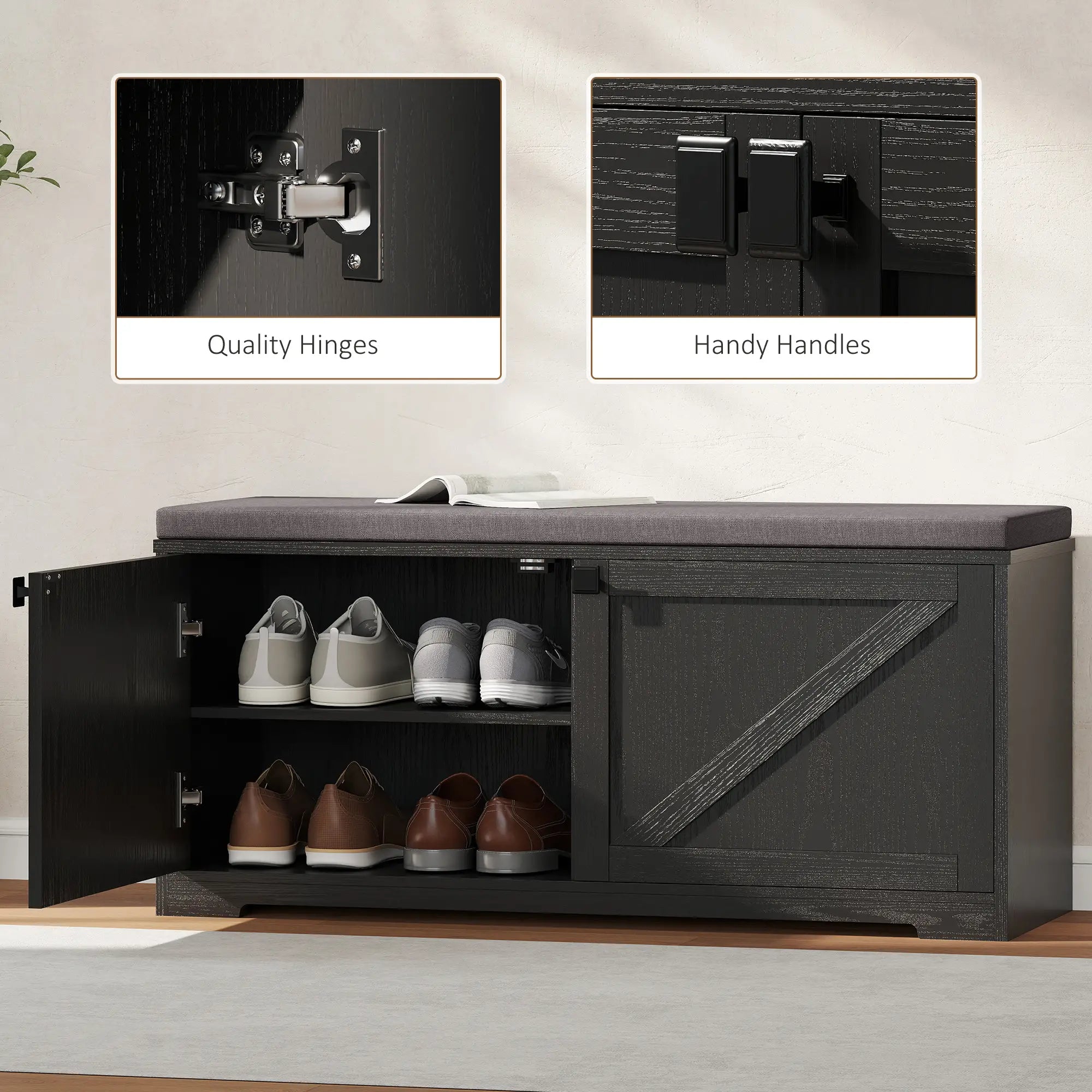 Shoe Storage Bench with Padded Seat, Entryway Bench, 8 Pairs, Black Wood Grain, Black Shoe Storage Cabinets & Racks at Gallery Canada