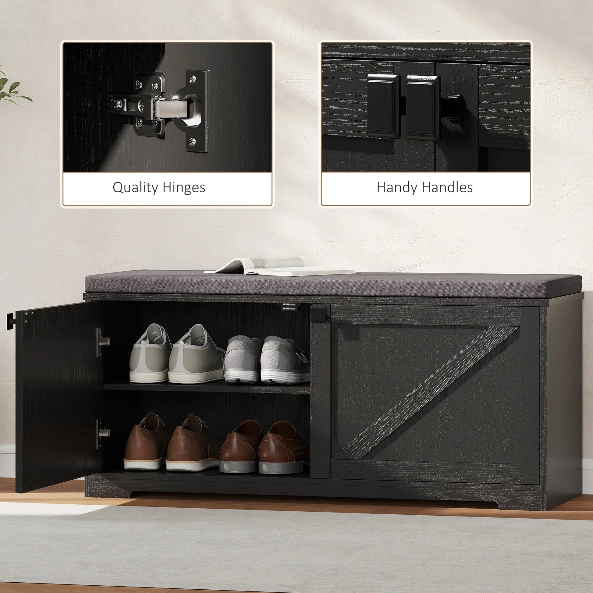 Shoe Storage Bench with Padded Seat, Entryway Bench, 8 Pairs, Black Wood Grain, Black Shoe Storage Cabinets & Racks at Gallery Canada