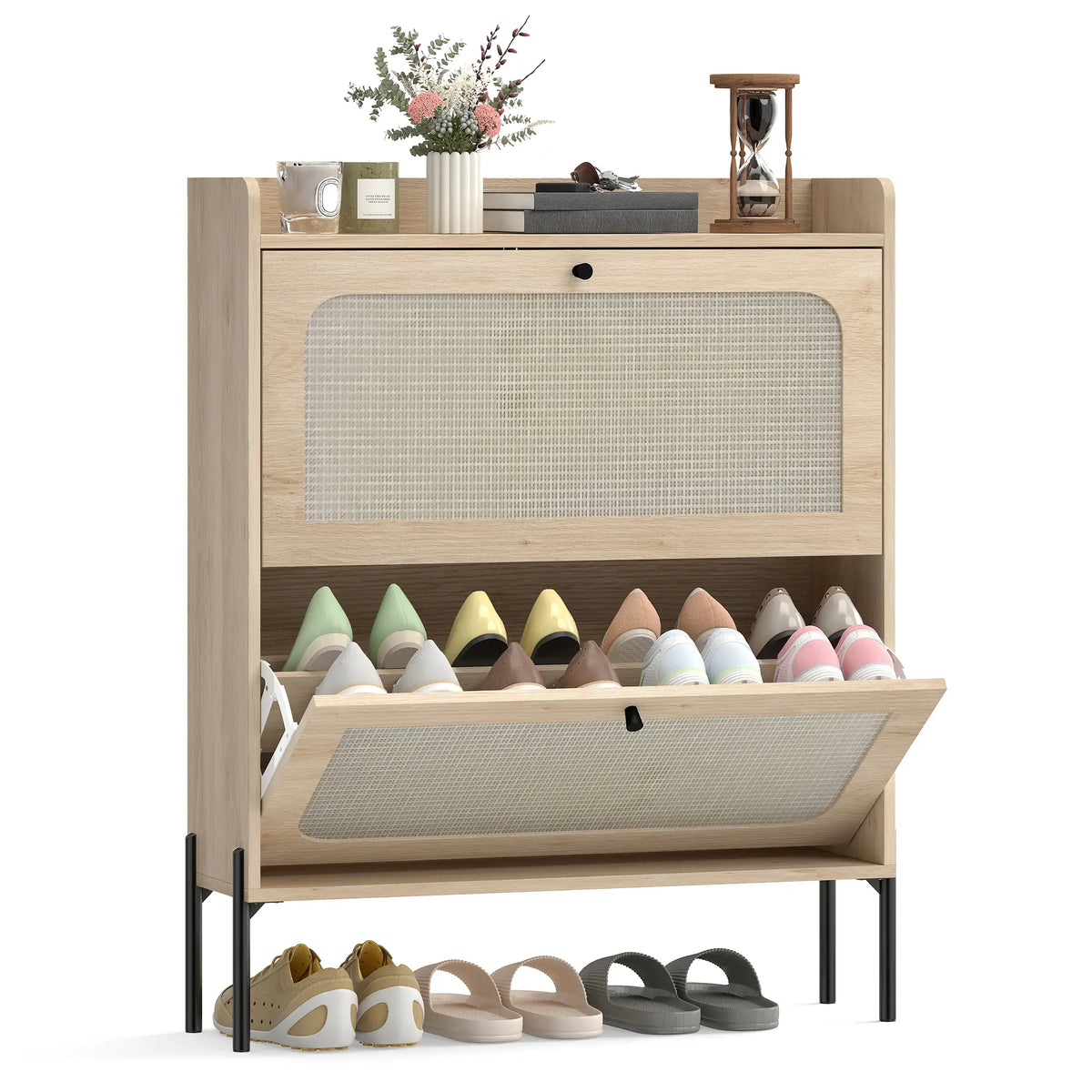 Shoe Cabinet With 2 Flip Drawers, Narrow Storage, Oak