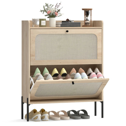 Shoe Cabinet With 2 Flip Drawers, Narrow Storage, Oak