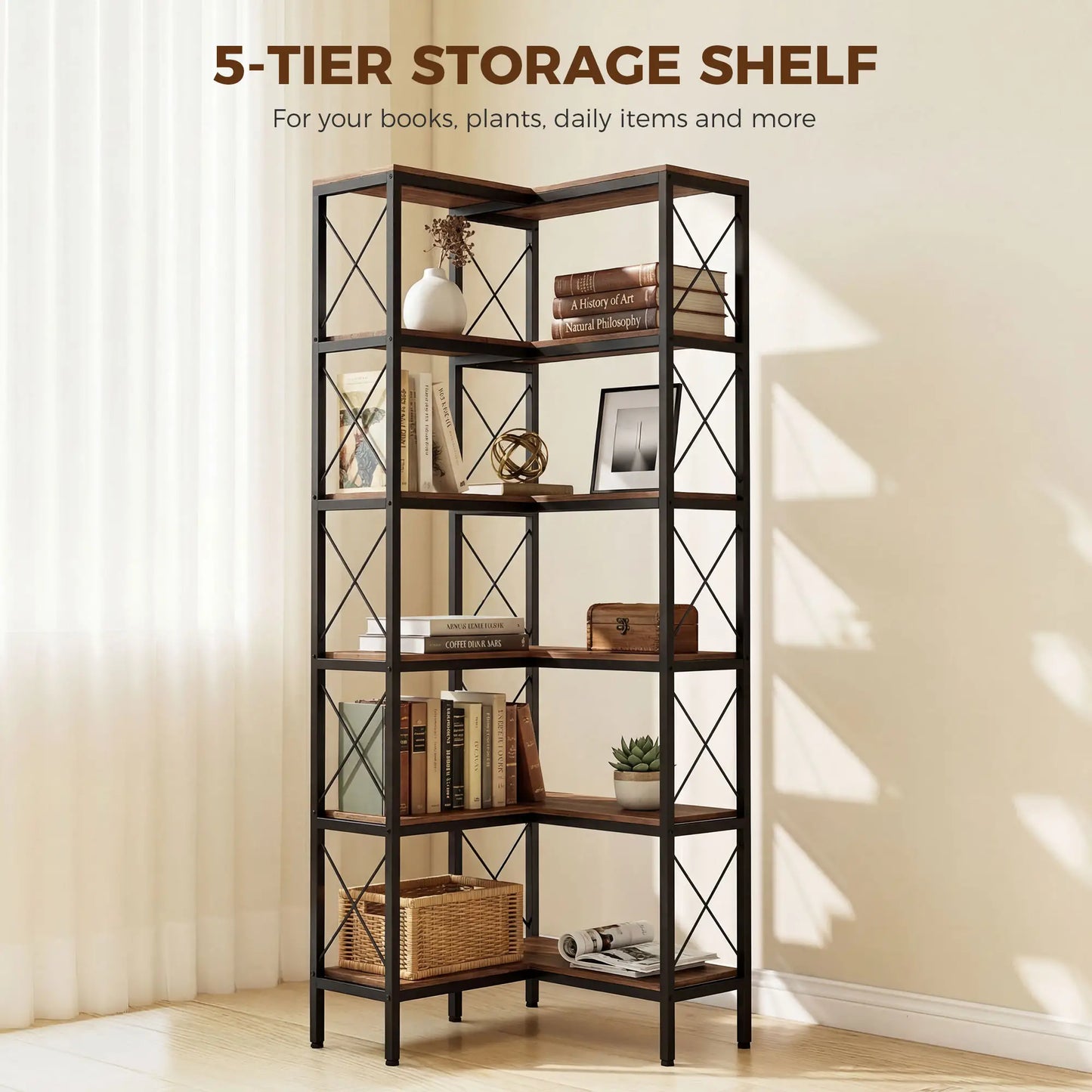 6-Tier L-Shaped Bookshelf, Freestanding Corner Bookcase with Metal Frame, Rustic Brown Display Bookshelves at Gallery Canada