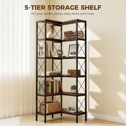 6-Tier L-Shaped Bookshelf, Freestanding Corner Bookcase with Metal Frame, Rustic Brown Display Bookshelves at Gallery Canada