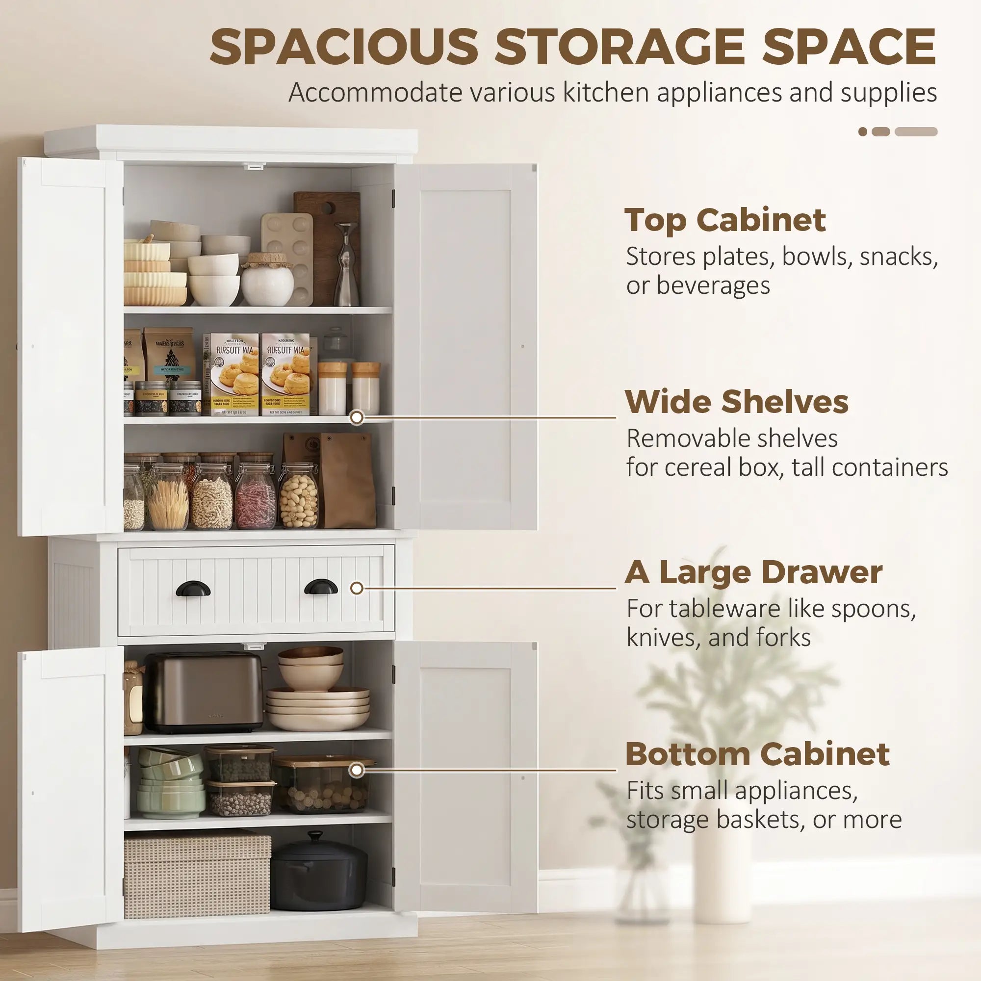 72 Inch Kitchen Pantry, Storage Cabinet with Drawer, White, White Kitchen Pantry Cabinets at Gallery Canada