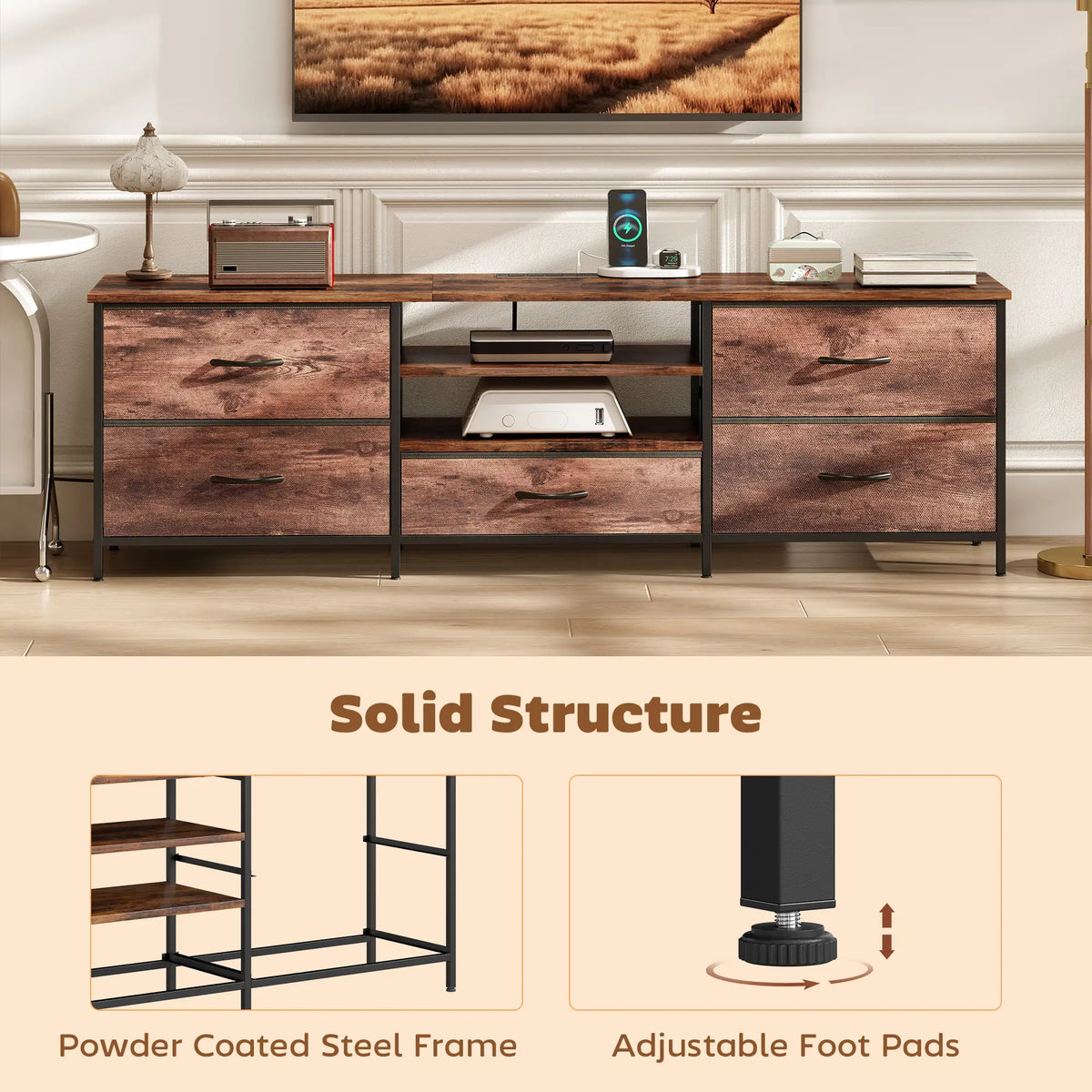 TV Stand For 70 Inch TVs, Industrial Console With Charging Station, 5 Drawers, Rustic Brown TV Stands at Gallery Canada
