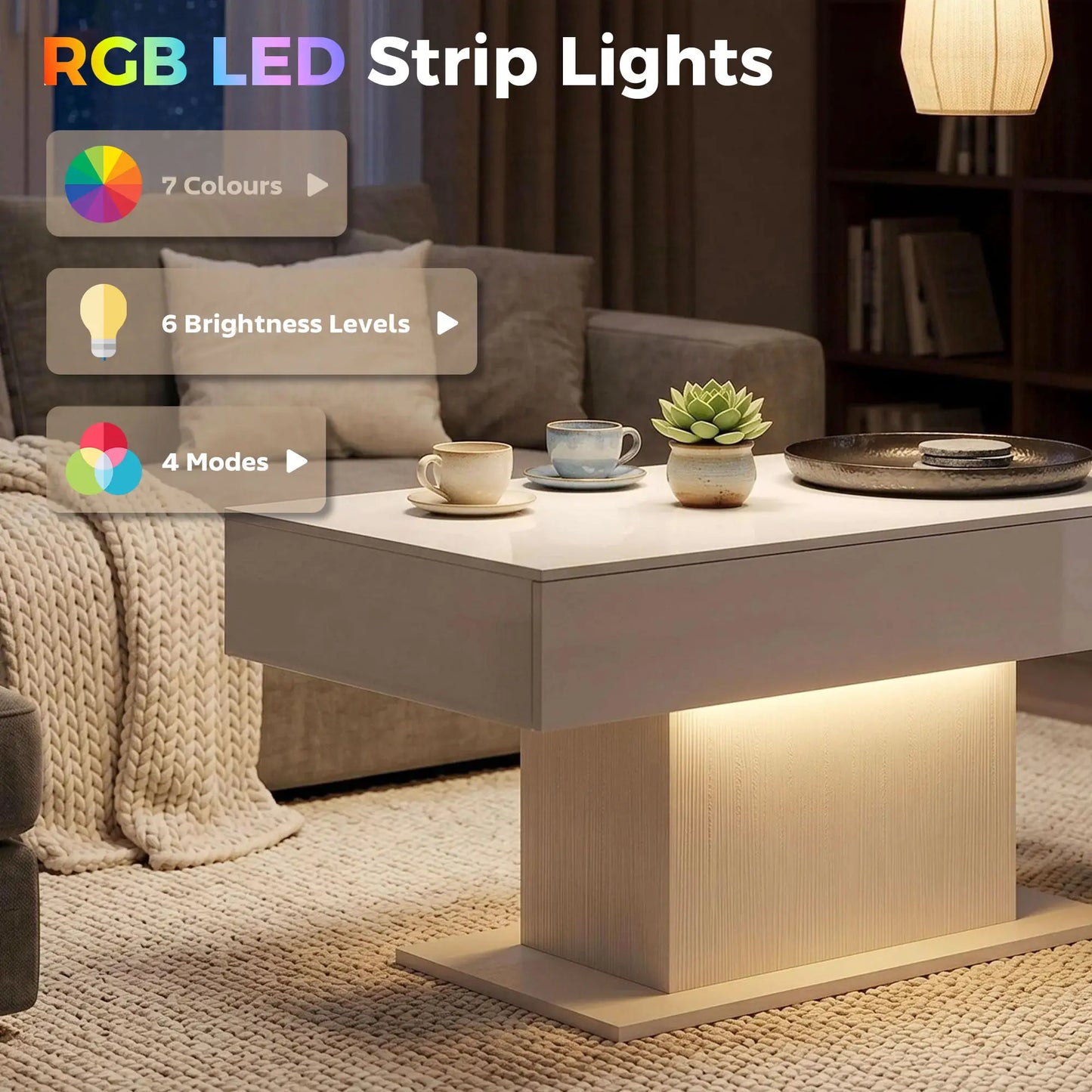 LED Coffee Table with Storage, High Gloss Modern Center Table with 2 Drawers and Remote Control for Living Room, White