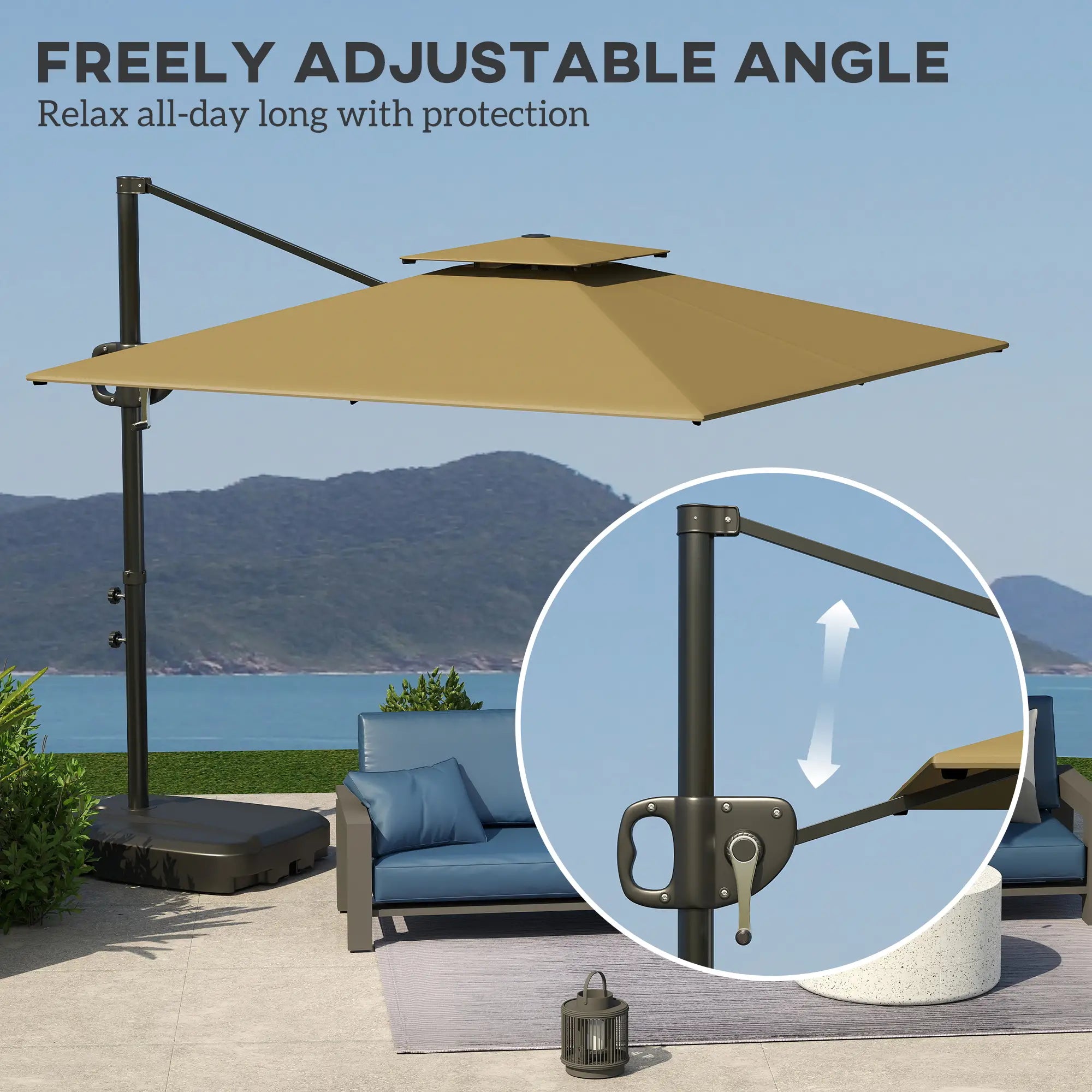 Square Cantilever Patio Umbrella, Double Top, 8' x 9', Khaki Offset Cantilever Umbrellas at Gallery Canada