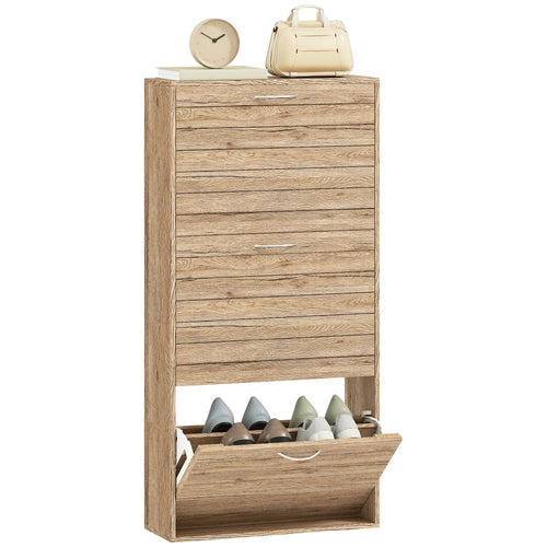 Shoe Storage Cabinet, 3 Flip Drawers, 12 Pair Organizer, Oak