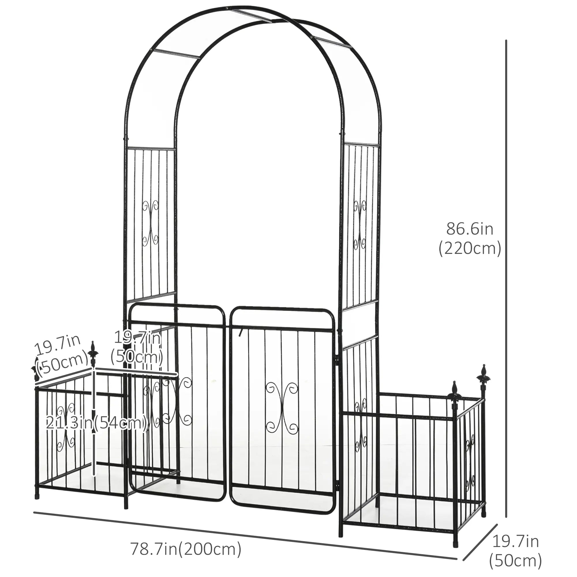 7.2FT Metal Garden Arbor, Double Doors, 2 Side Baskets, Black Garden Arches at Gallery Canada