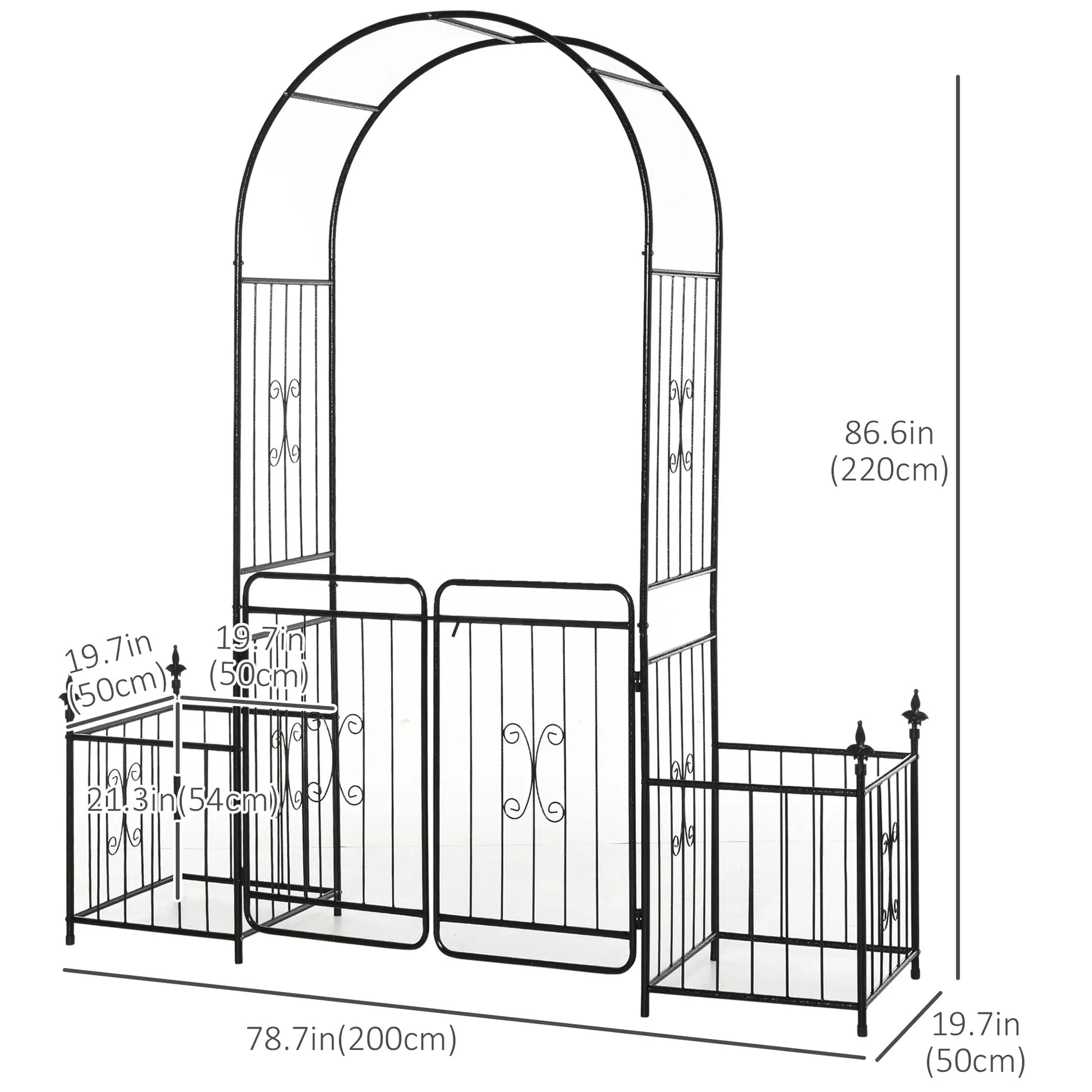 7.2FT Metal Garden Arbor, Double Doors, 2 Side Baskets, Black Garden Arches at Gallery Canada