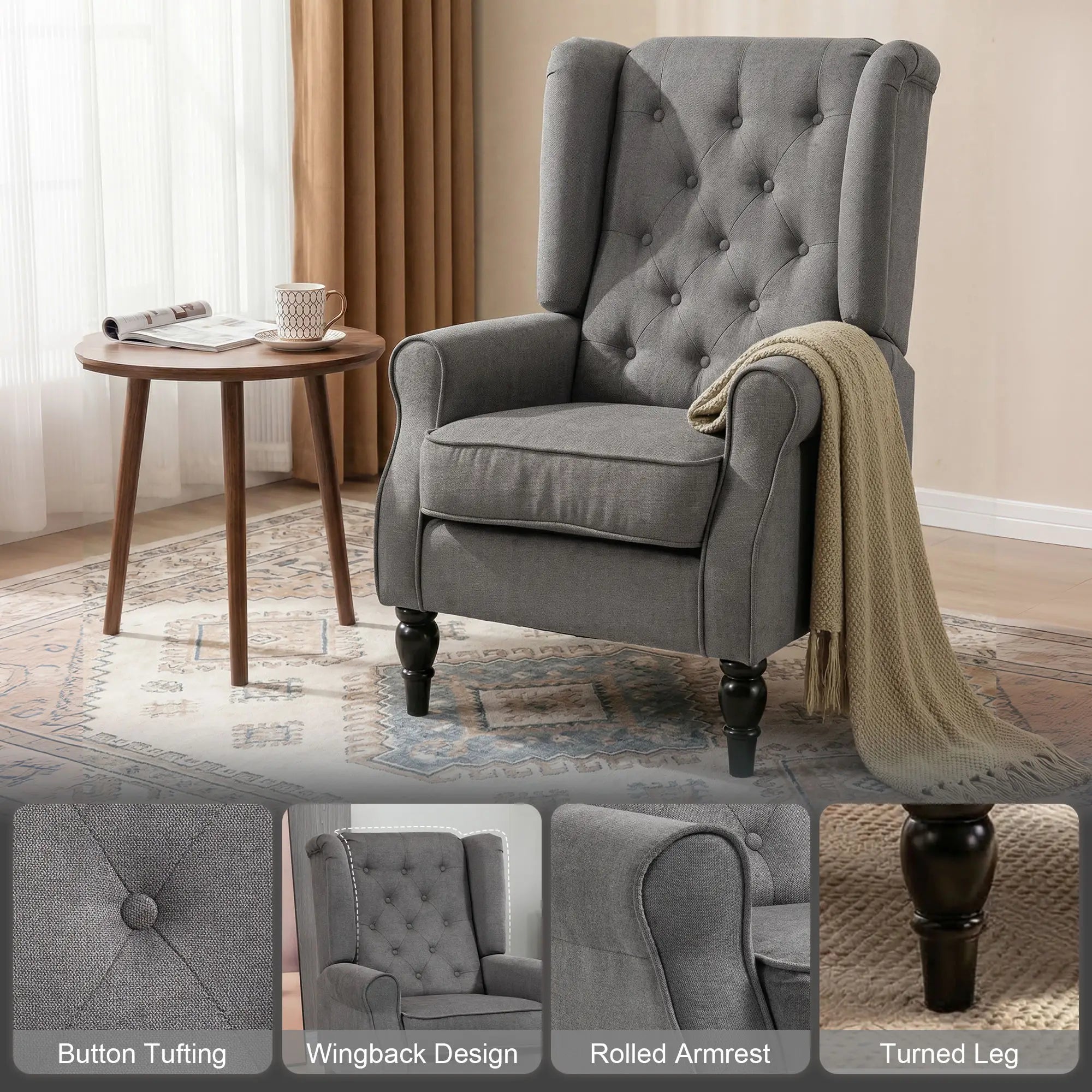 Fabric Accent Chair, Button Tufted, Wood Legs, Thick Padding, Charcoal Grey Accent Chairs at Gallery Canada