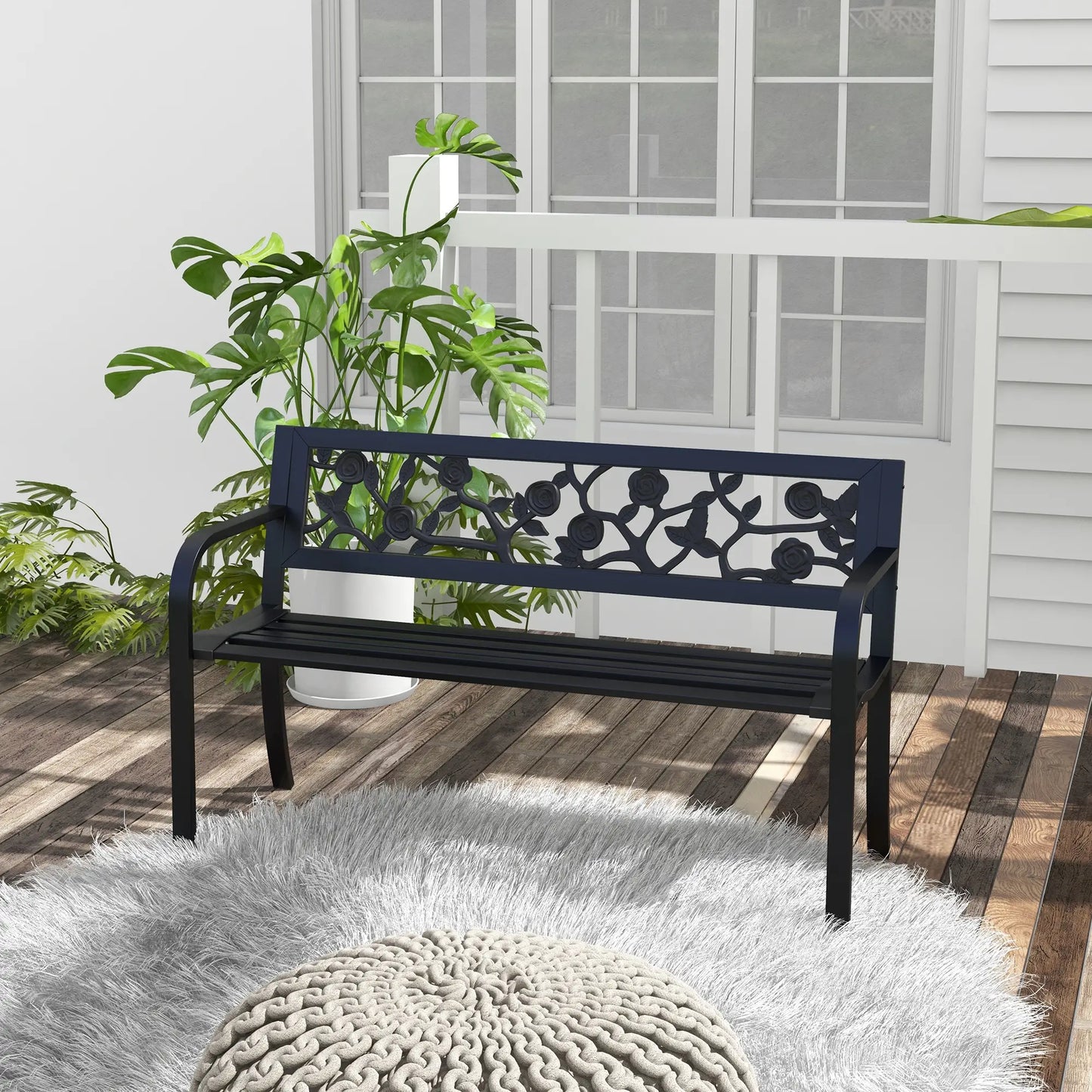 50" Outdoor Bench, Metal Frame Patio Loveseat, Floral Backrest, Black Outdoor Benches at Gallery Canada