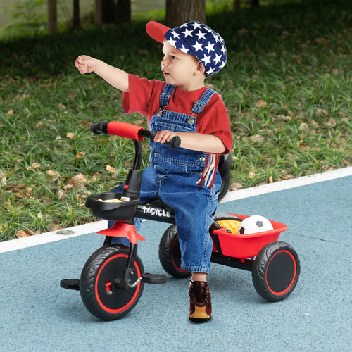 Large Kids Tricycle, Adjustable Seat, Safety Belt, 2 Storage Baskets, Red