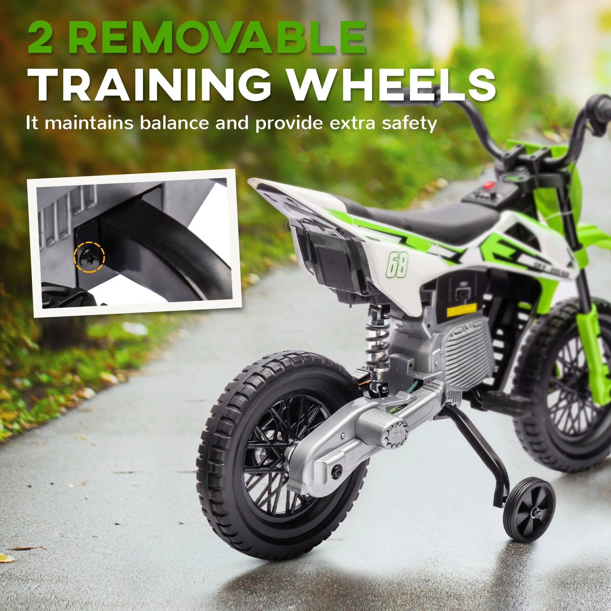 12V Kids Dirt Bike, Electric Motorcycle, Training Wheels, Green Electric Motorcycles at Gallery Canada