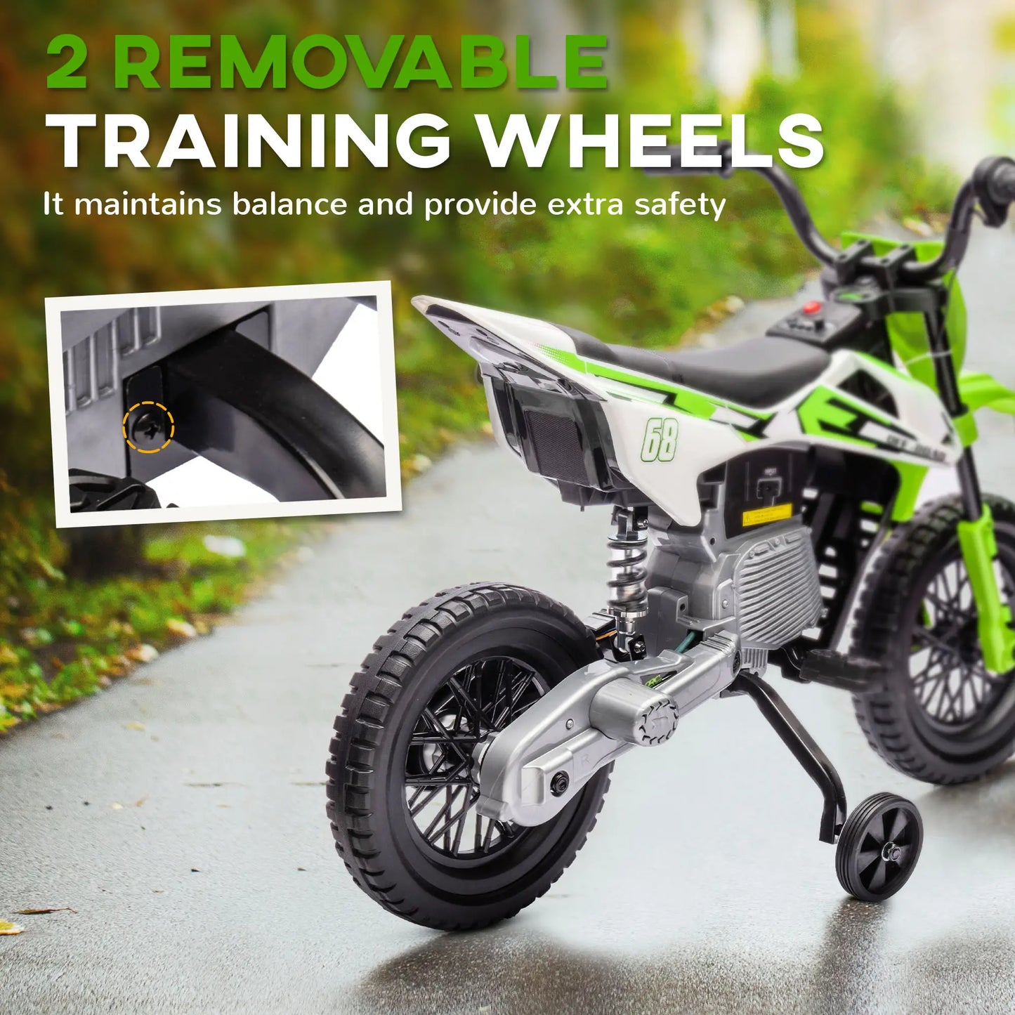 12V Kids Dirt Bike, Electric Motorcycle, Training Wheels, Green Electric Motorcycles at Gallery Canada
