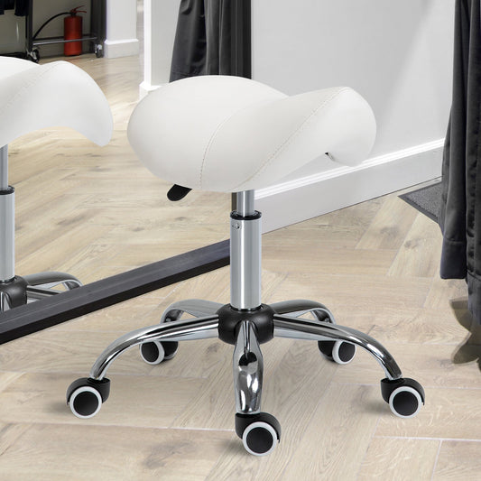 Adjustable Hydraulic Rolling Salon Stool Swivel Saddle Chair Spa Beauty Seat PU Leather, Cream White - Gallery Canada