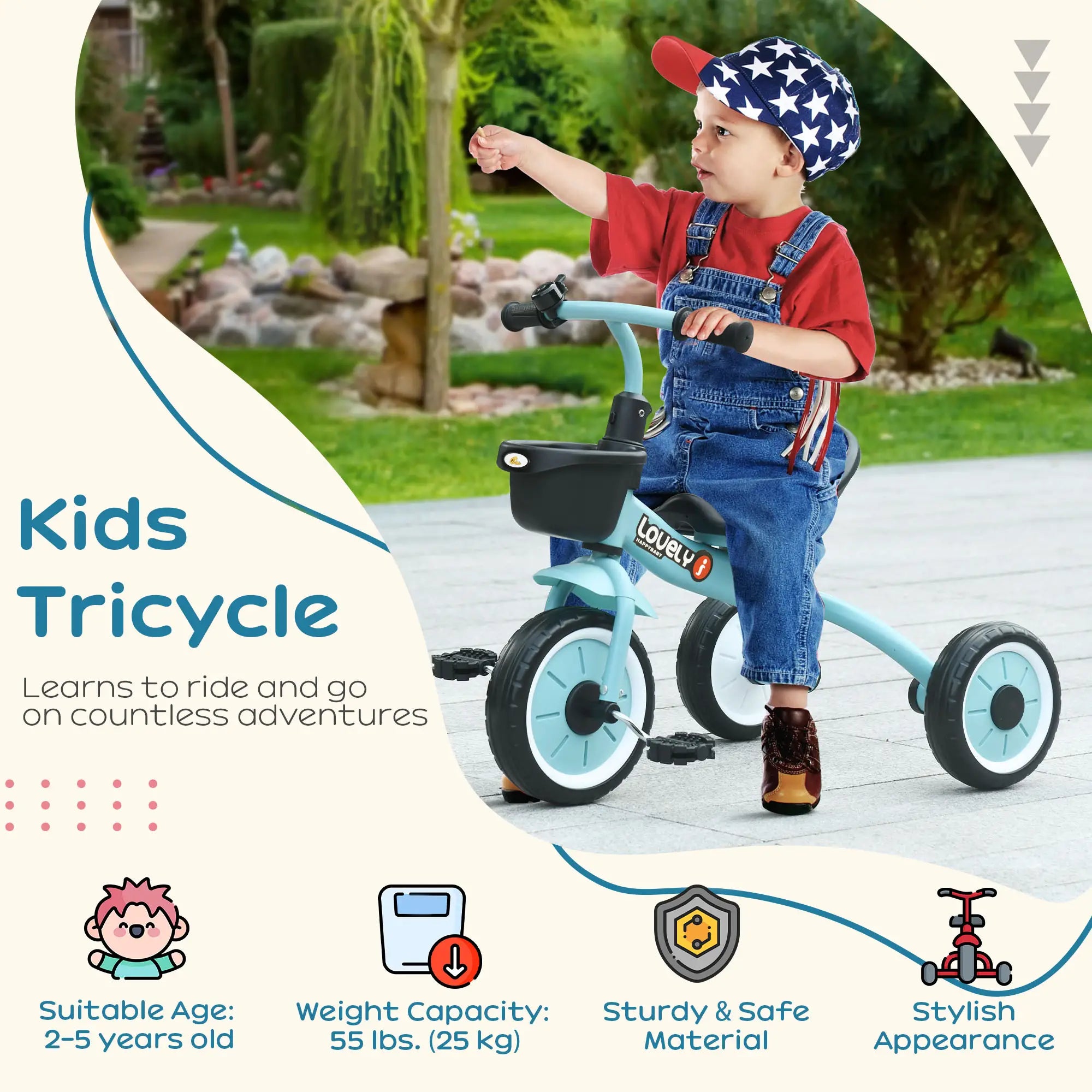 Toddler Tricycle for 2-5 Year Olds, Adjustable Seat, Basket, Bell, Blue Tricycles for Kids at Gallery Canada