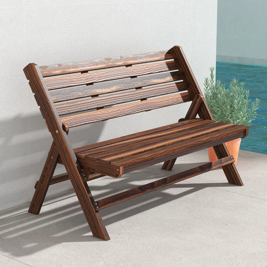 2-Seater Wooden Outdoor Bench, Foldable, Slatted Backrest, Carbonised Finish Outdoor Benches Carbonised Finish at Gallery Canada
