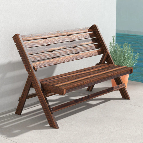 2-Seater Wooden Outdoor Bench, Foldable, Slatted Backrest, Carbonised Finish