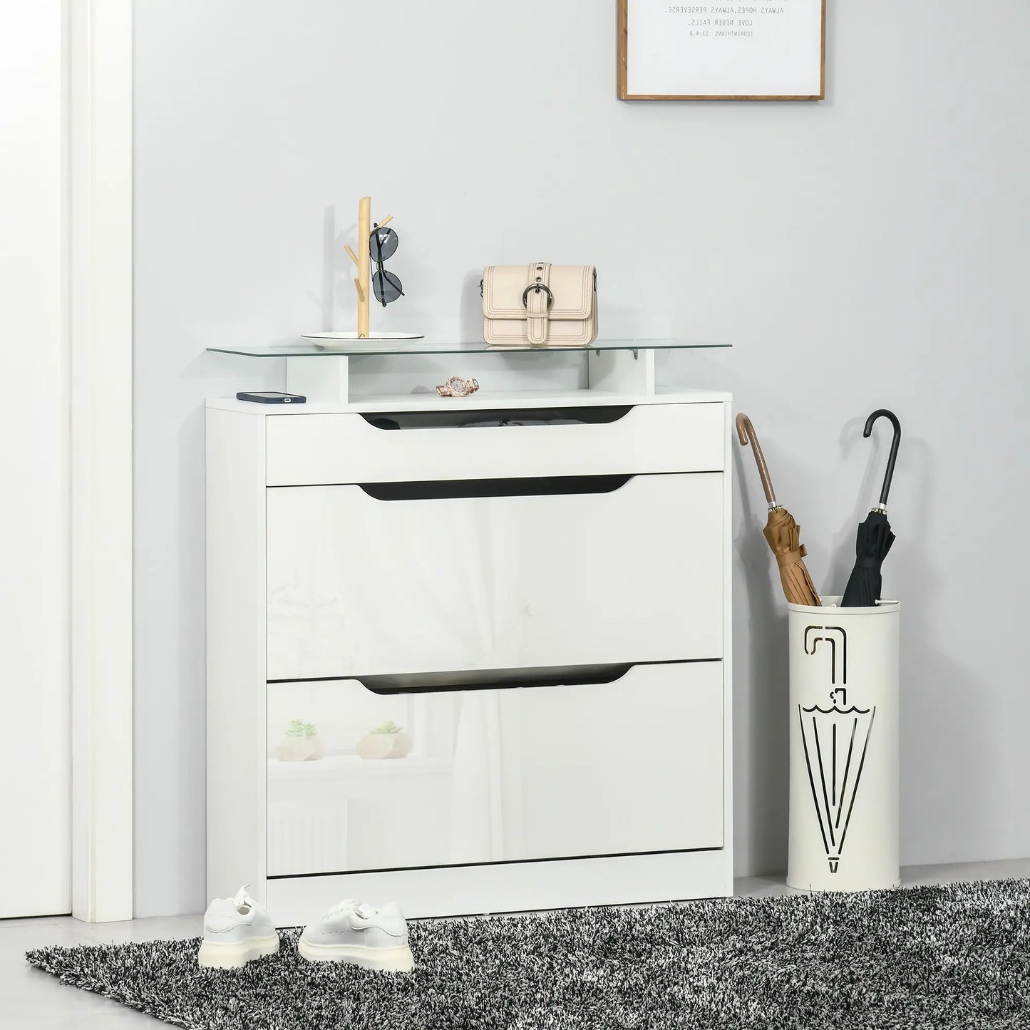 High Gloss Shoe Cabinet, 2 Flip Drawers, Adjustable Shelves, Glass Top, White Shoe Storage Cabinets & Racks at Gallery Canada