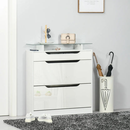High Gloss Shoe Cabinet, 2 Flip Drawers, Adjustable Shelves, Glass Top, White Shoe Storage Cabinets & Racks at Gallery Canada