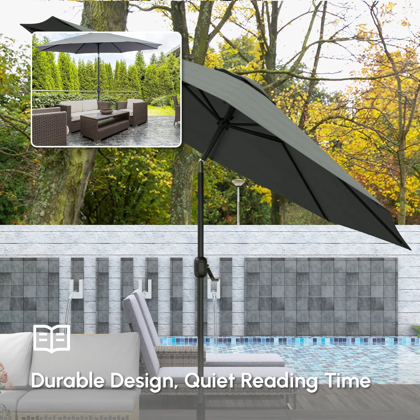 10' x 8' Round Market Umbrella, Crank Handle, Tilt, Grey Sun Umbrellas at Gallery Canada