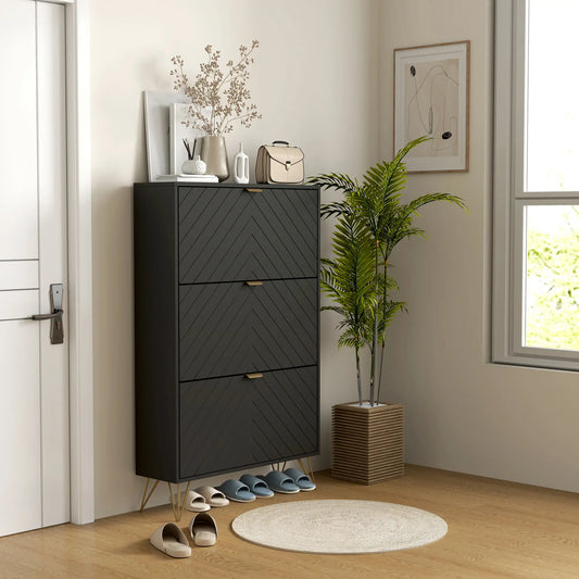 Modern Shoe Storage Cabinet, 3 Flip Drawers for 18 Pairs, Narrow Organizer, Black Shoe Storage Cabinets & Racks Black, Gold at Gallery Canada